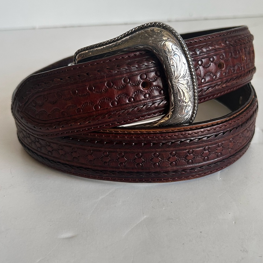 Justin Boots Dark Brown Embossed Belt with Ornate Silver Buckle